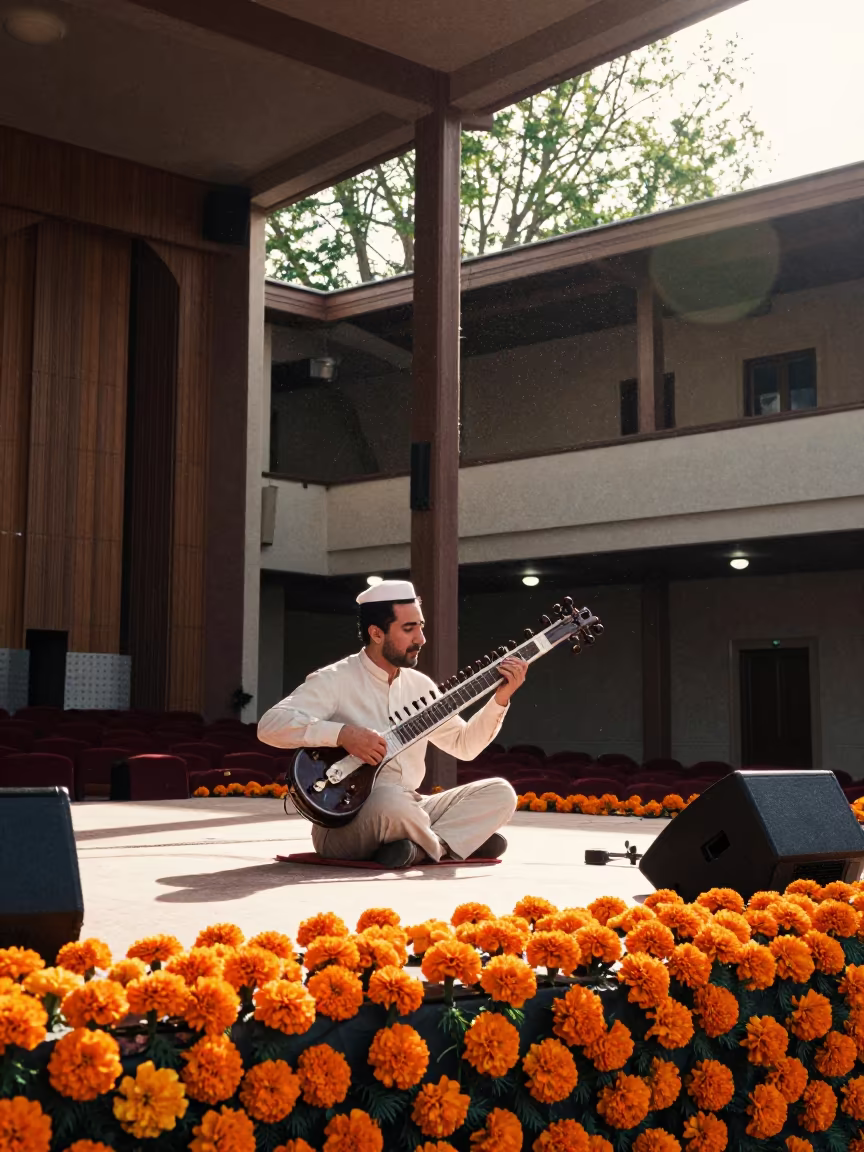 Sitar Player Marigold Stage Ceyhan Concert in in a concert hall in Ceyhan