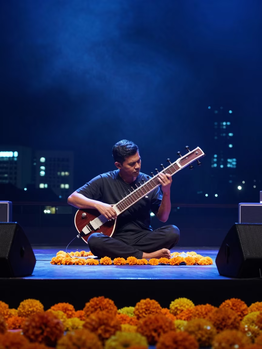 Sitar Player on Marigold Stage in Kuantan in in a rehearsal room in Kuantan
