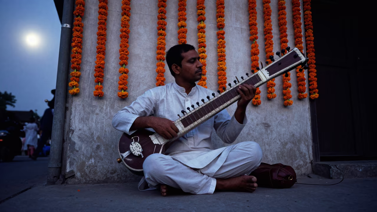 Sitar Player on Nadiad Street at Predawn in at a street corner busking spot in Nadiad