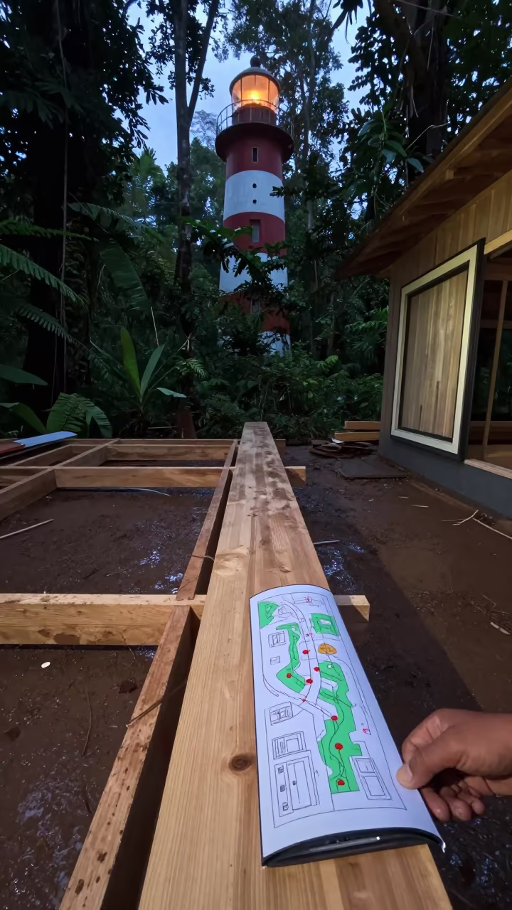 Site Map Sleeve Amid Amazon Construction Predawn in beside a framed building shell in the Amazon