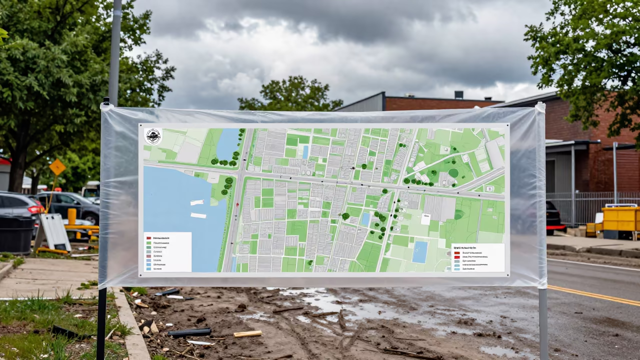 Site Map Sleeve on Muddy Road Toronto in at a muddy site access road near Kensington Market, Toronto