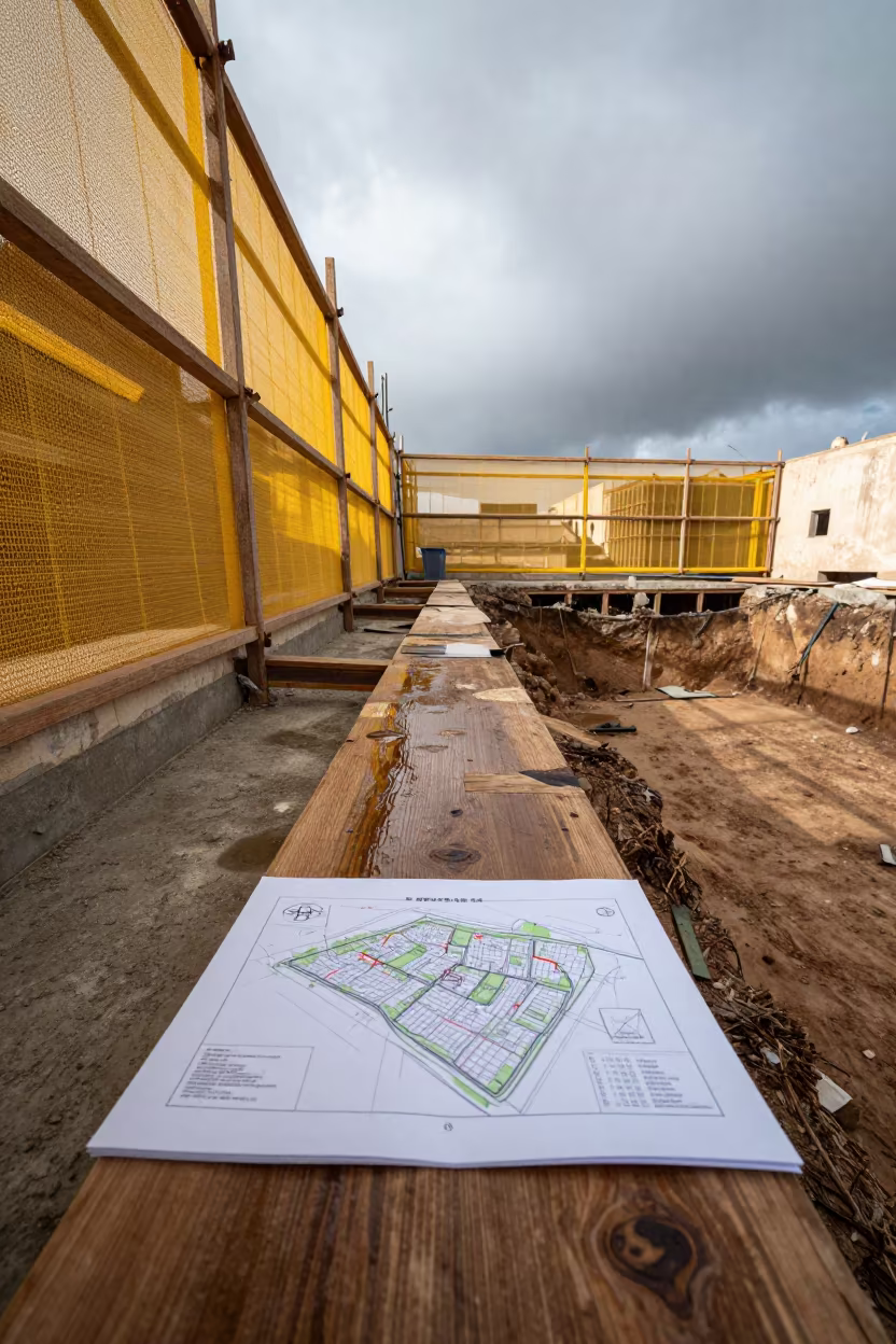 Site Map Sleeve on Wet Excavation Plank at Dawn in inside a taped-off excavation edge in El Jadida