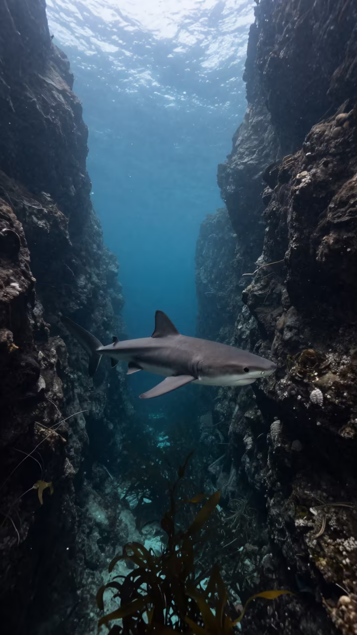 Sixgill Shark in Dalmatian Kelp Canyon in along a kelp-fringed shelf in Dalmatia