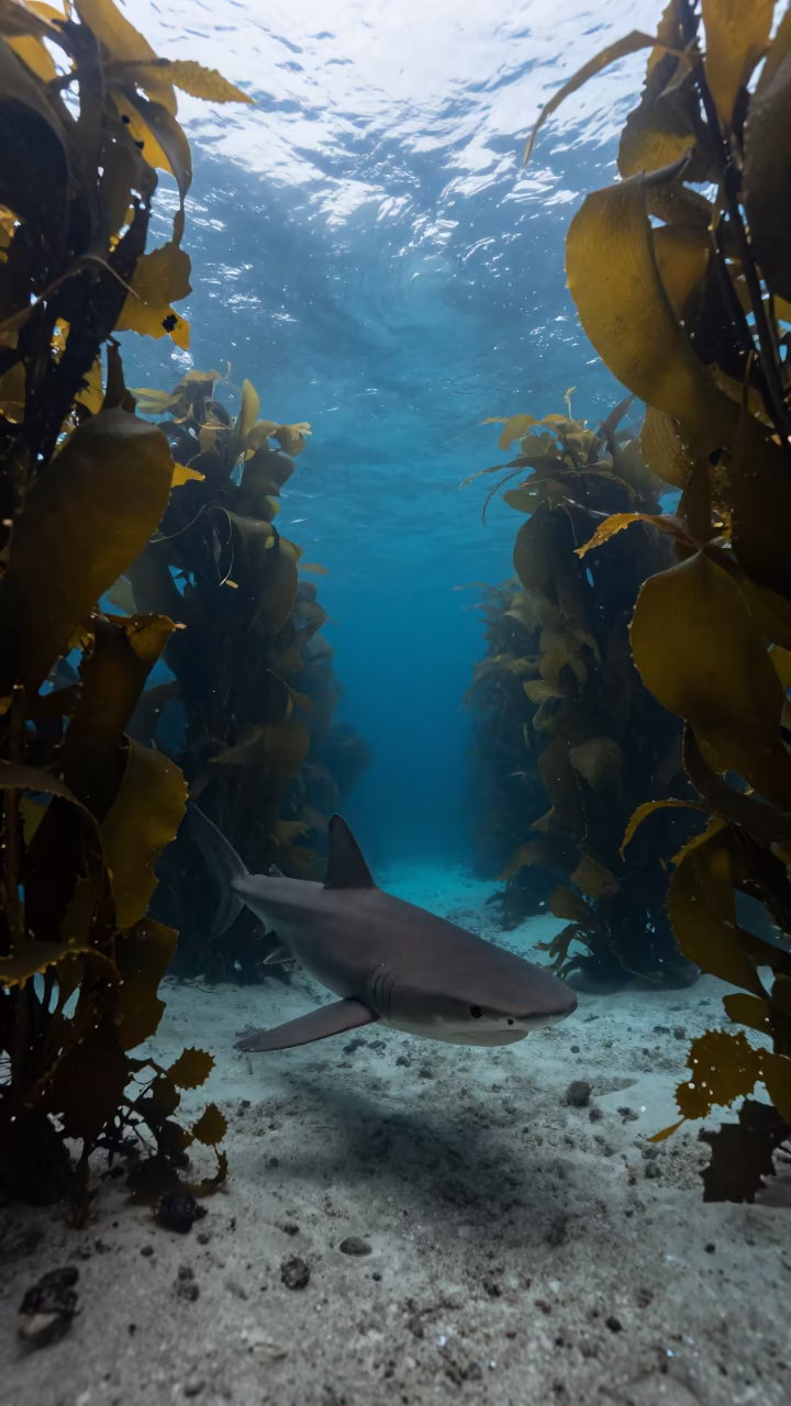 Sixgill Shark in Lisbon Kelp Canyon in through a forest of kelp fronds near LX Factory, Lisbon