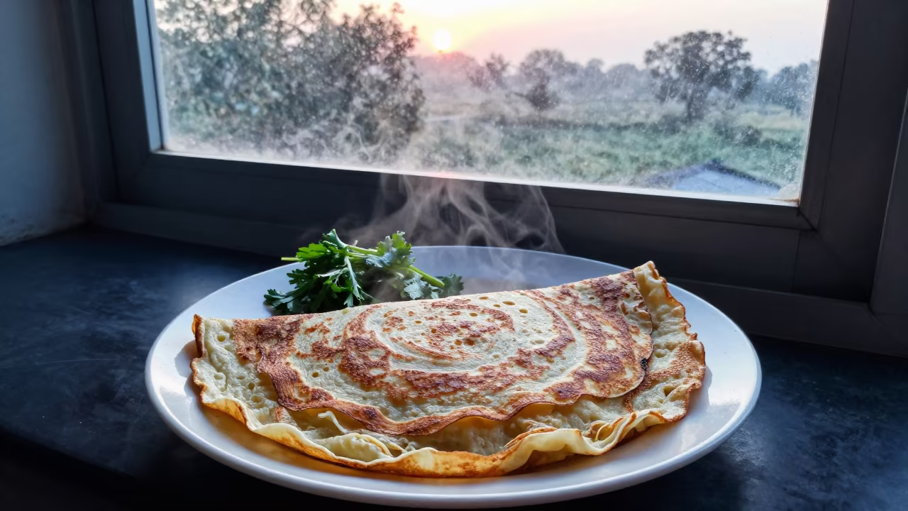 Sizzling Bánh Xèo on Ceramic Plate Dawn Light in on a ceramic plate by a window in Jabalpur