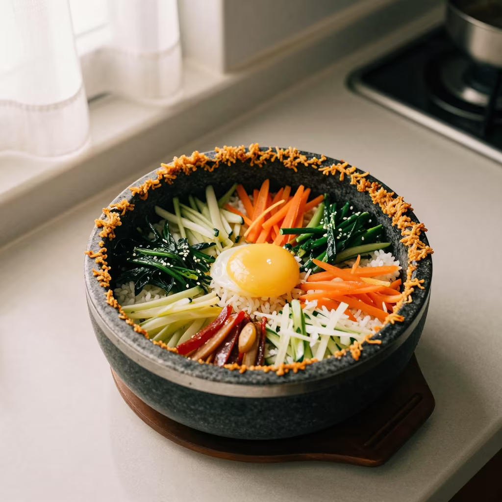Sizzling Bibimbap Stone Pot with Crispy Rice Crust in on a kitchen worktop in El Jadida