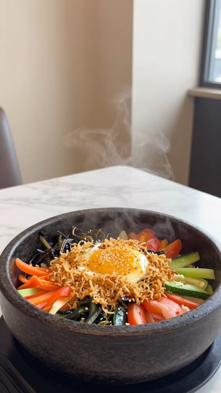 Sizzling Bibimbap Stone Pot Crispy Rice in on a marble cafe table in Calgary
