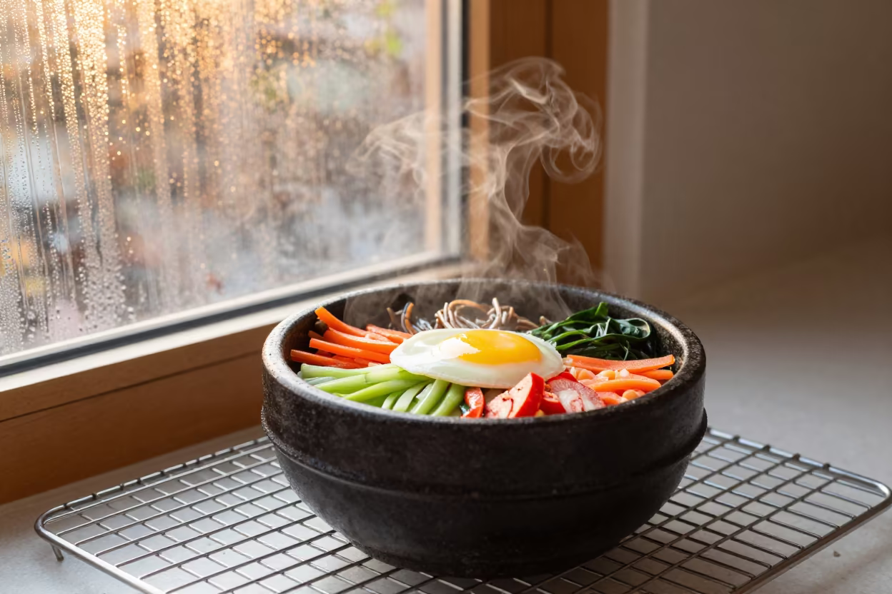 Sizzling Dolsot Bibimbap on Bakery Rack in on a bakery cooling rack in Körfez