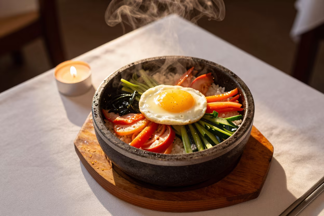 Sizzling Dolsot Bibimbap Bowl on Linen Table in on a linen-covered restaurant table in Luanda