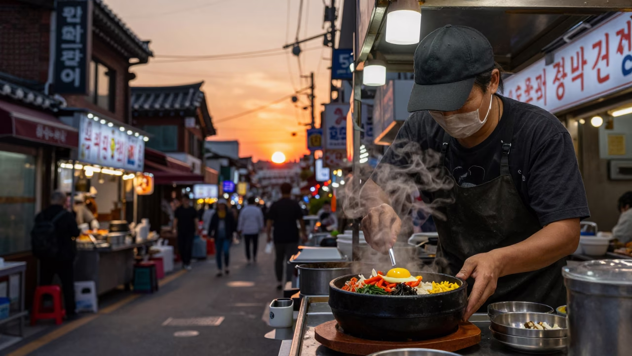 Sizzling Dolsot Bibimbap in Seoul Street Stall at Sunset in in Seoul, South Korea