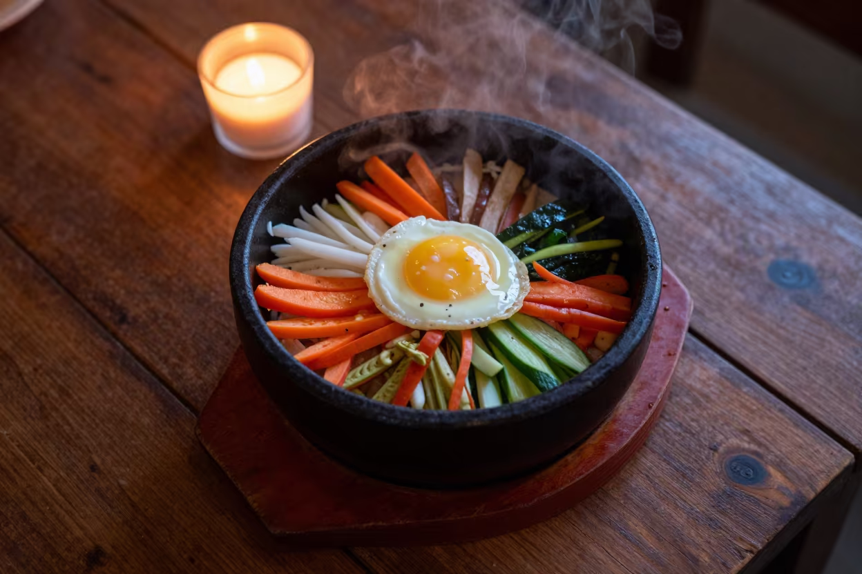 Sizzling Dolsot Bibimbap in Ouidah Candlelight in on a rustic wooden table in Ouidah
