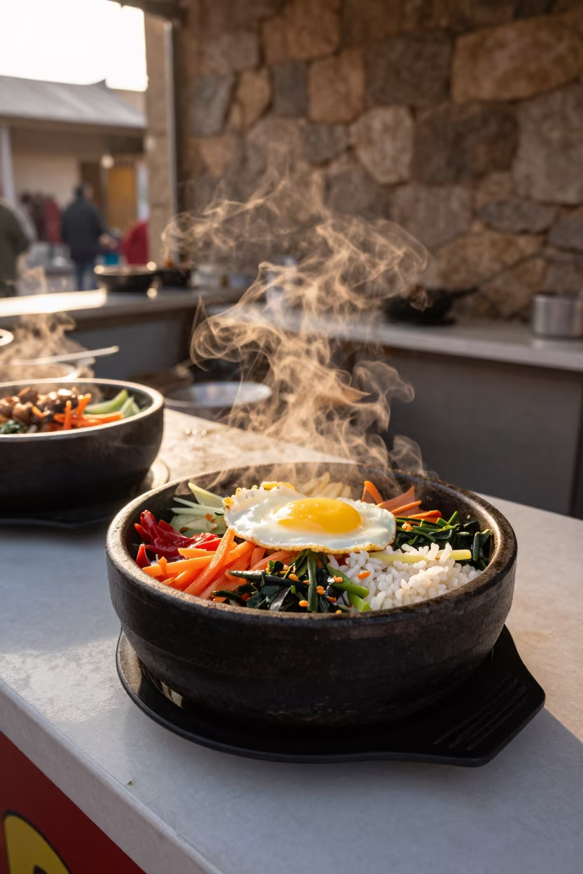 Sizzling Dolsot Bibimbap at Winter Market Stall in at a market stall counter in Sulaymaniyah