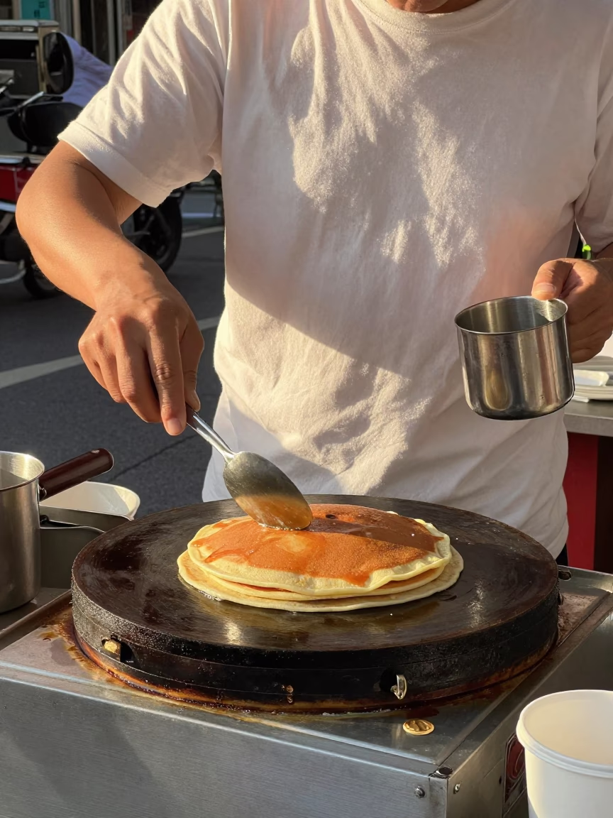 Sizzling Pancakes in Taipei at The Early Afternoon Light in in Taipei, Taiwan