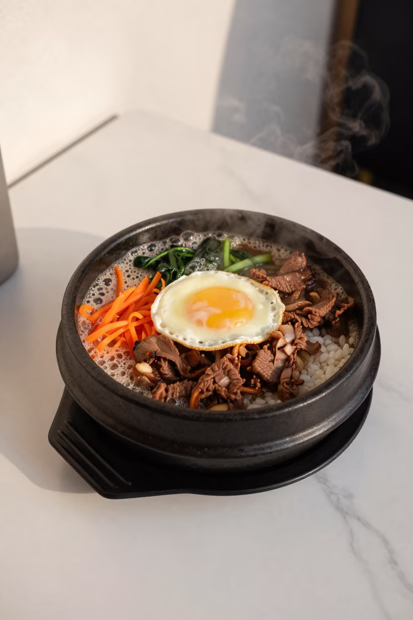 Sizzling Stone Bowl Bibimbap on Marble Table in on a marble cafe table in Moganshan Road, Shanghai