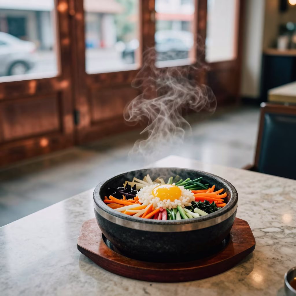 Sizzling Stone Bowl Bibimbap on Marble Table in on a marble cafe table in Mysore