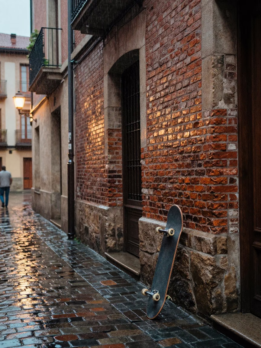 Skateboard at Dusk Light in in Bilbao, Spain