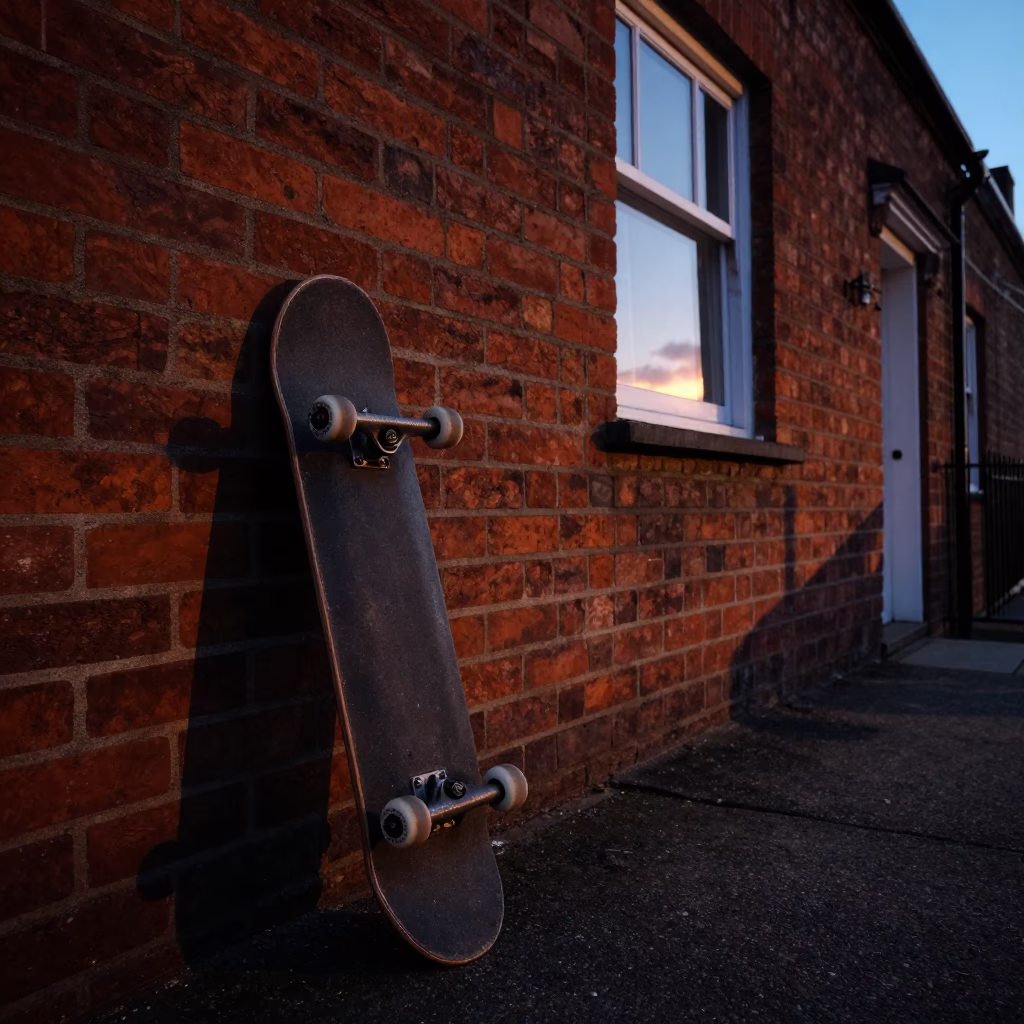 Skateboard leaning against brick wall in Bristol evening light in in Bristol, United Kingdom