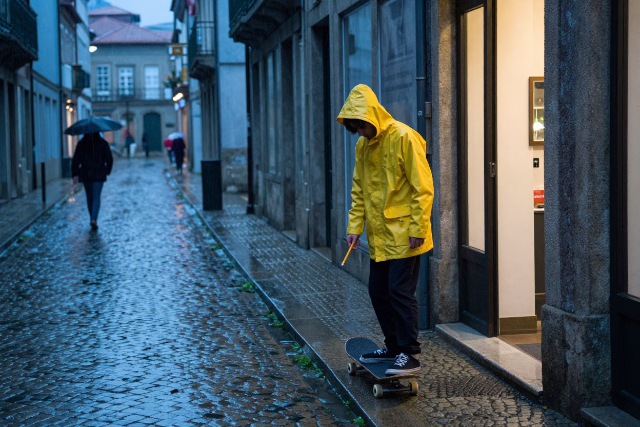 Skateboarder at Dusk Light in in Porto, Portugal