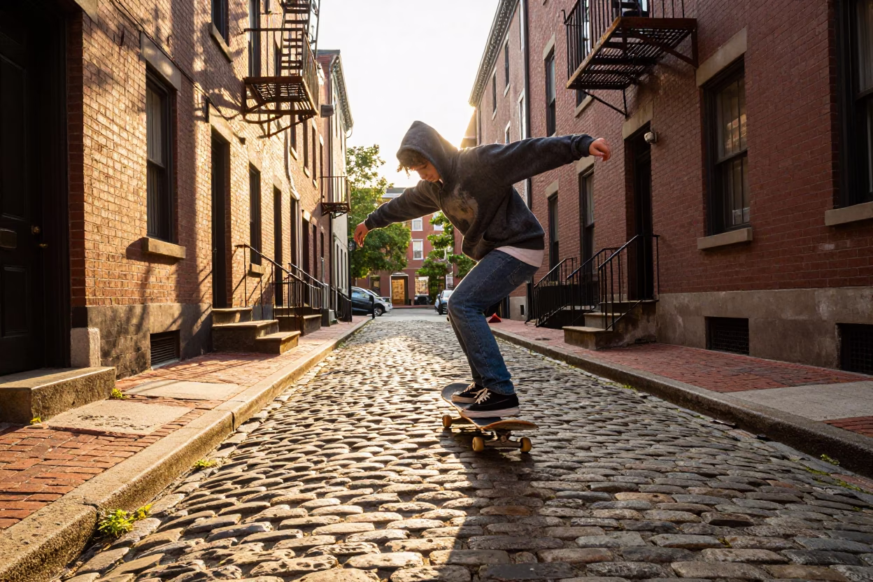 Skateboarder at Golden Hour in in Boston, Massachusetts, United States