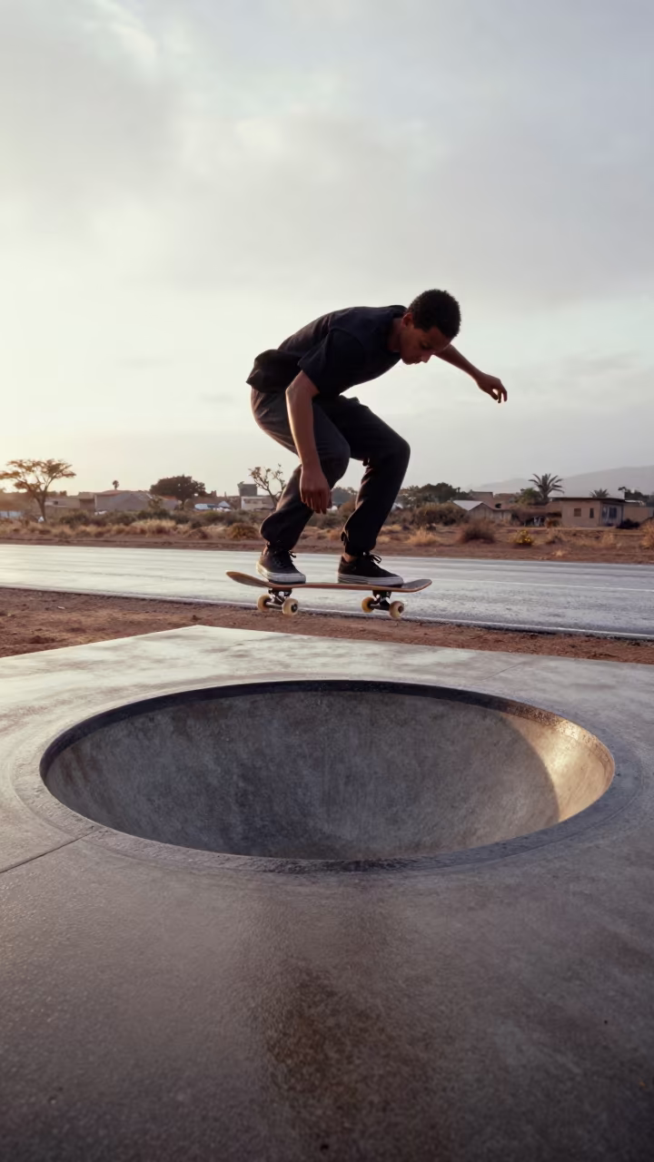 Skateboarder Drops Into Concrete Bowl at Dawn in at a roadside stop near Windhoek