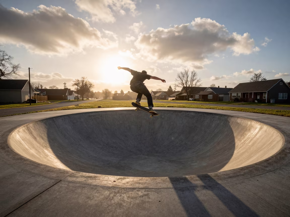 Skateboarder Drops Into Concrete Bowl at Dawn in in a village lane near Charlotte