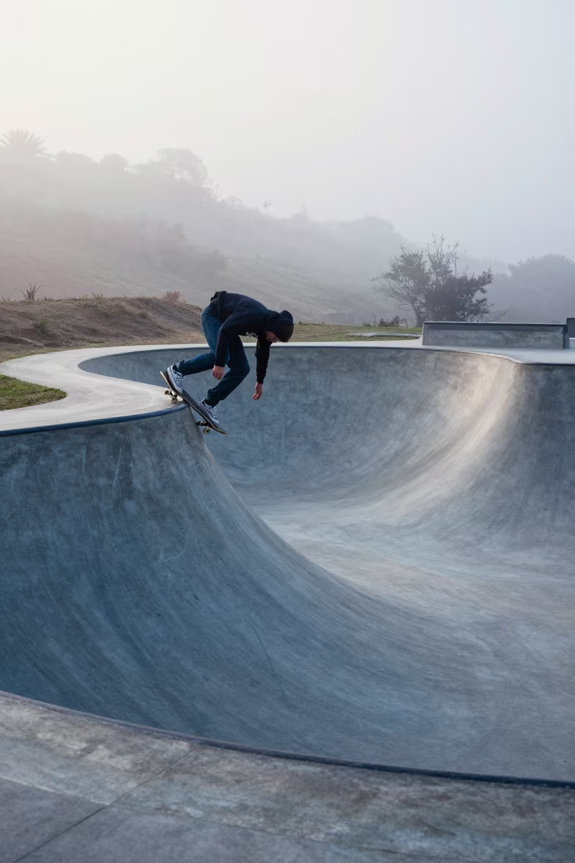 Skateboarder Drops Into Misty Concrete Bowl at Dawn in on a hillside near Maturín
