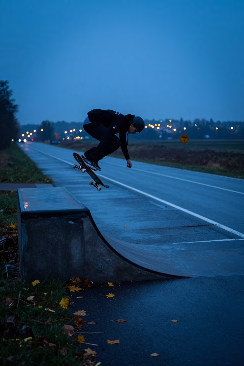 Skateboarder Drops Vert Ramp Autumn Evening Minsk in at a roadside stop near Minsk