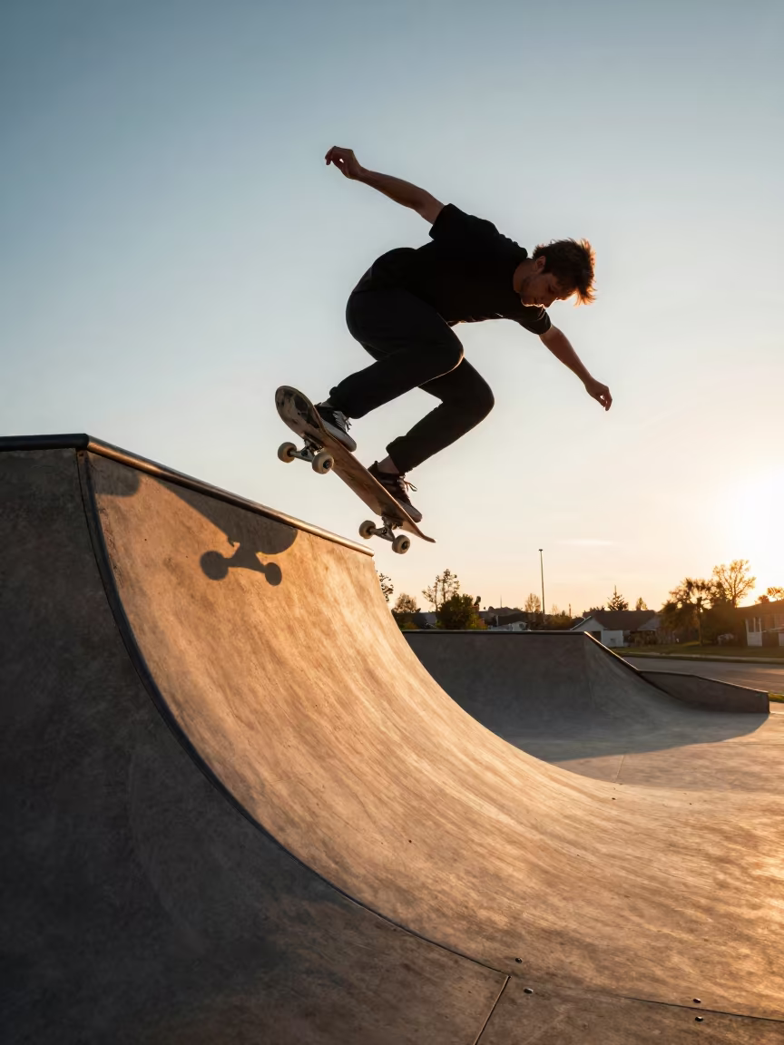 Skateboarder Drops Vert Ramp Sunset Arnhem in at a roadside stop near Arnhem