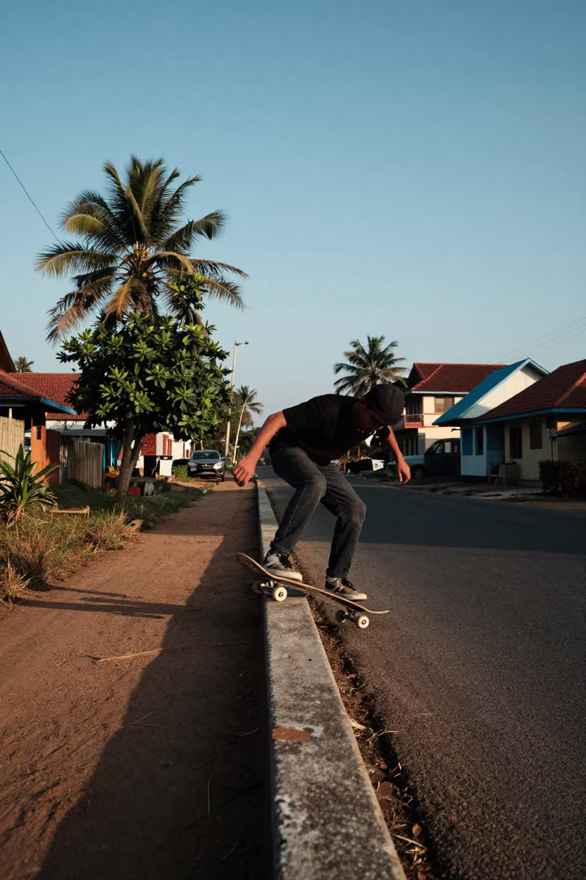 Skateboarder Grinding Concrete at Dawn in in a village lane near Palakkad