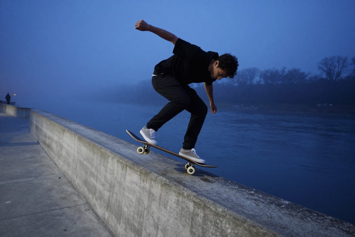 Skateboarder Grinding Pool Coping in Indigo Mist in by a riverbank near Santa Rita