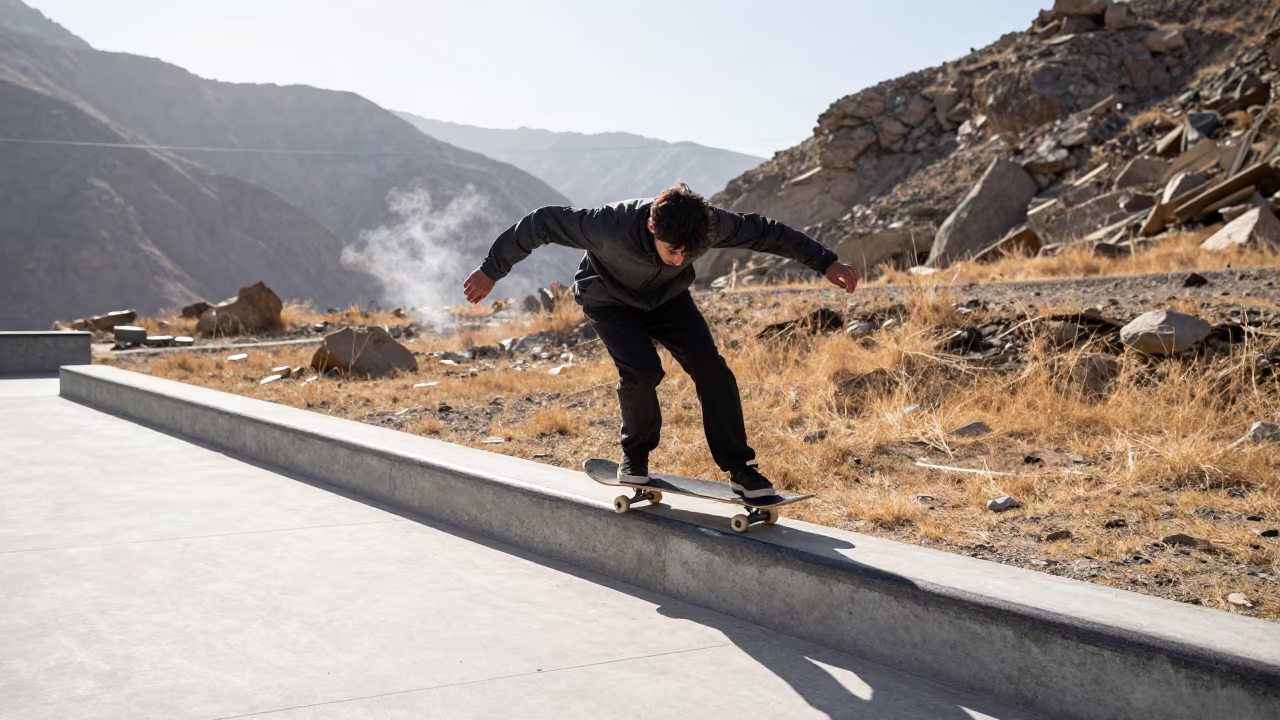 Skateboarder Grinding Pool at Mountain Path Kunduz in on a mountain path near Kunduz