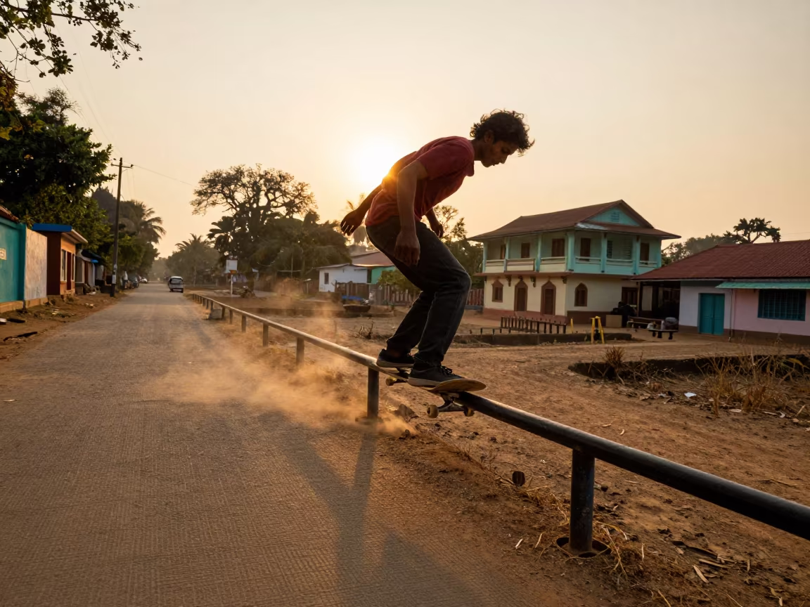 Skateboarder Grinding Rail in Golden Hour in in a village lane near Bangalore