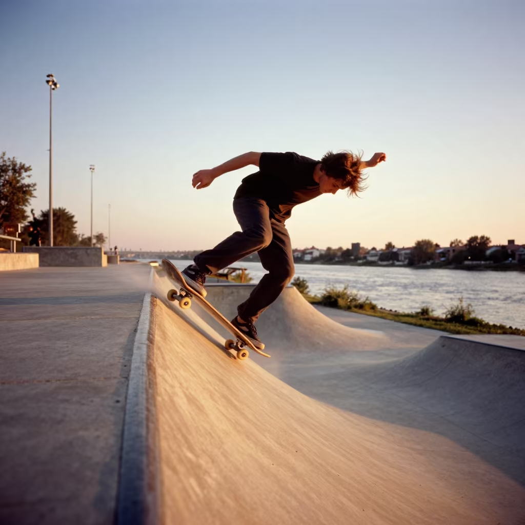 Skateboarder Grinds Concrete Pool at Riverbank in by a riverbank near Balıkesir