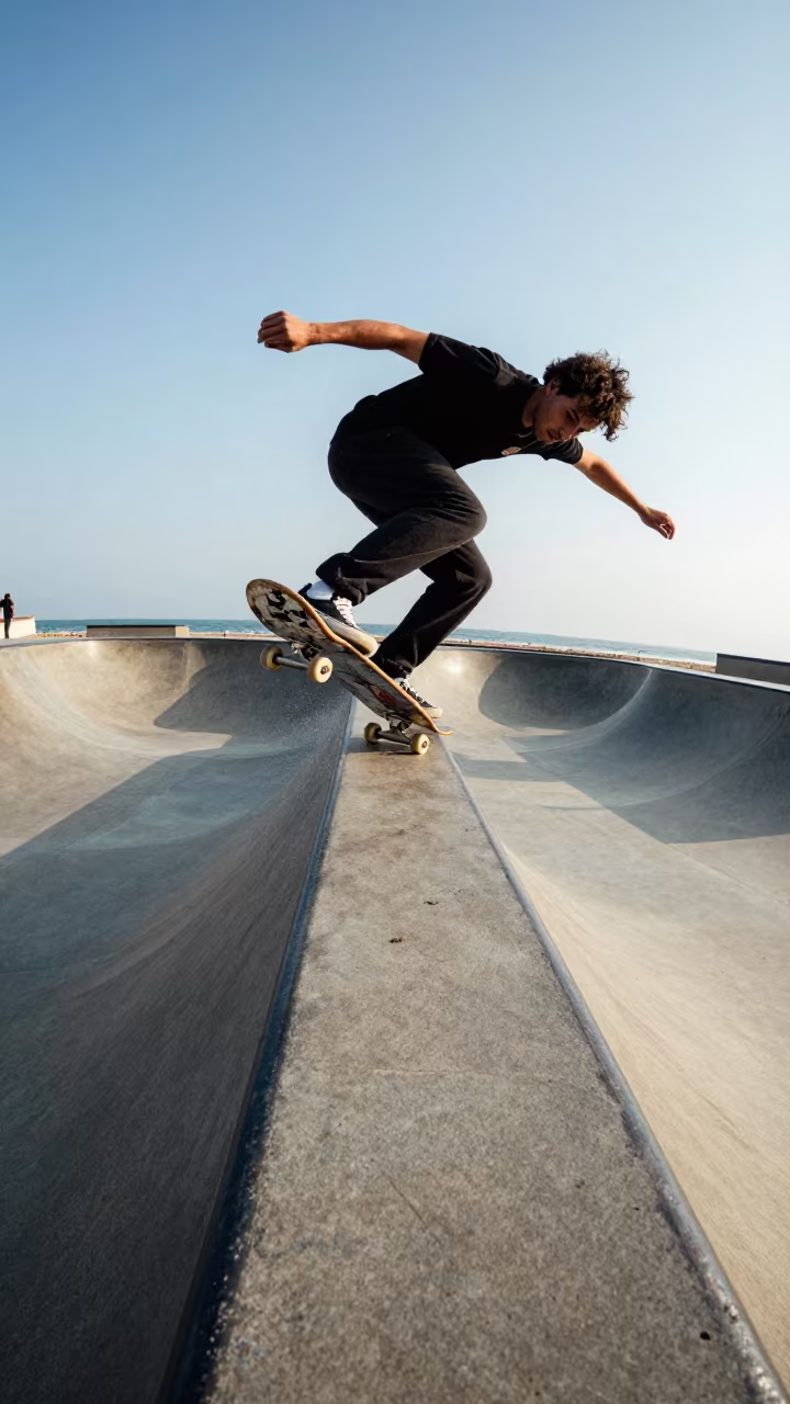 Skateboarder Grinds Pool Coping Near Beach in along a beach near Sovabazar, Kolkata