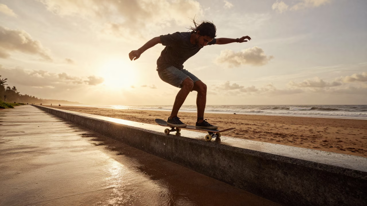 Skateboarder Grinds Rail at Beach Sunset in along a beach near Dindigul
