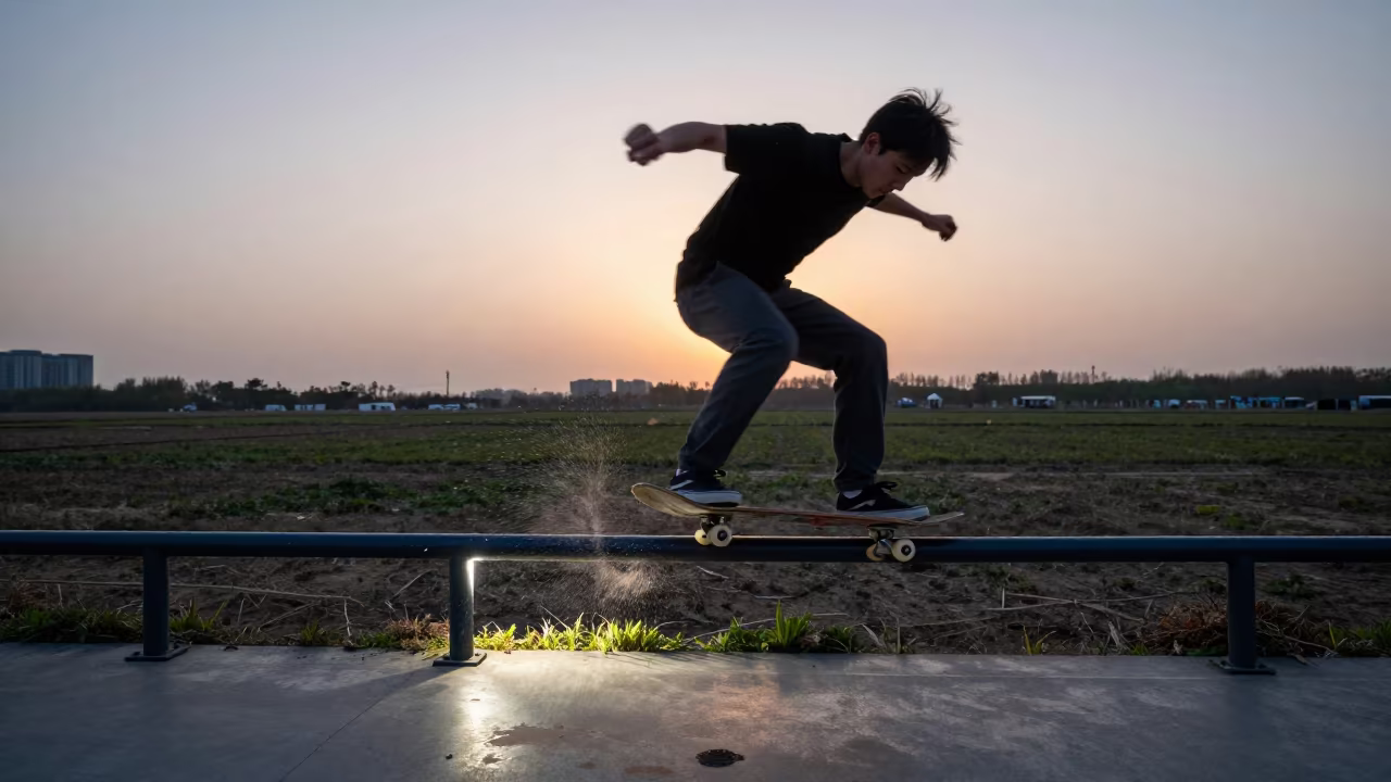 Skateboarder Grinds Rail at Dusk in near open fields near Nanjing