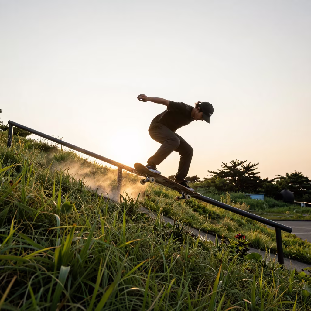 Skateboarder Grinds Rail at Sunset on Jeju Hillside in on a hillside near Jeju