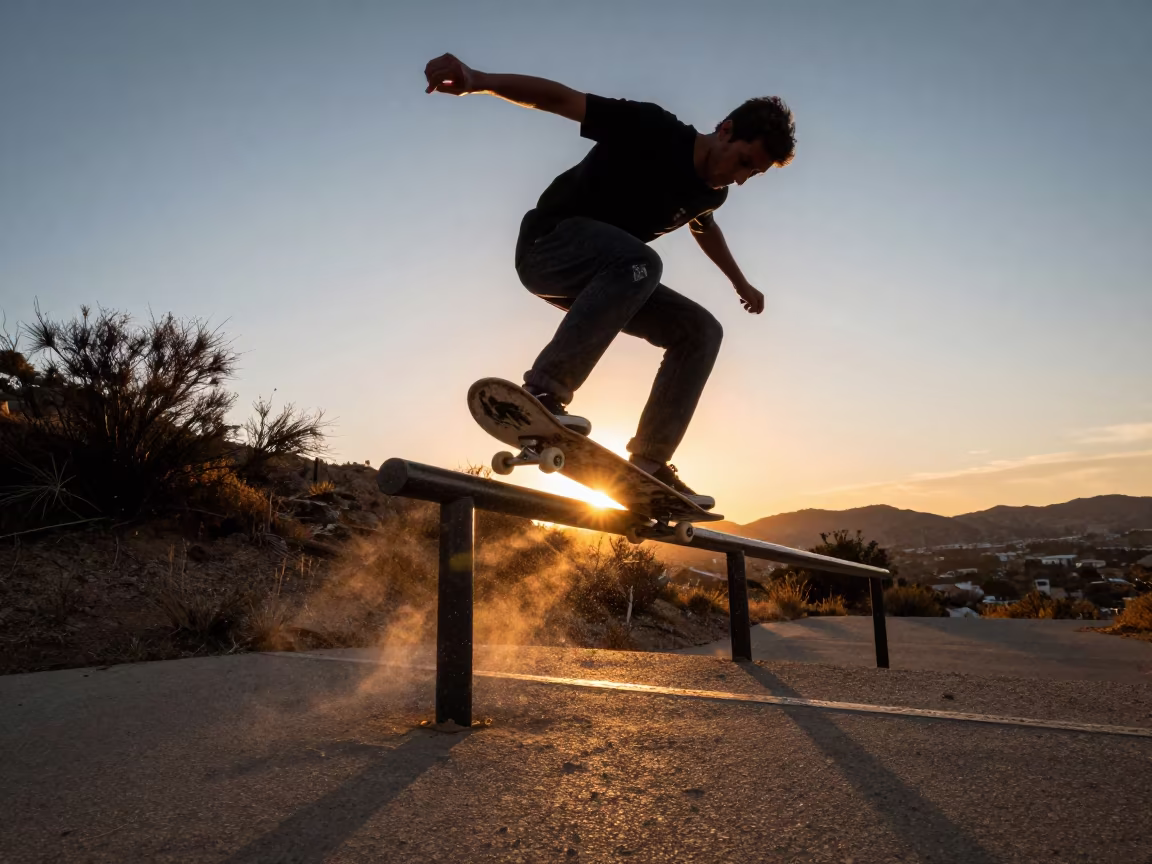 Skateboarder Grinds Rail Sunset León Path in on a mountain path near León de Los Aldama