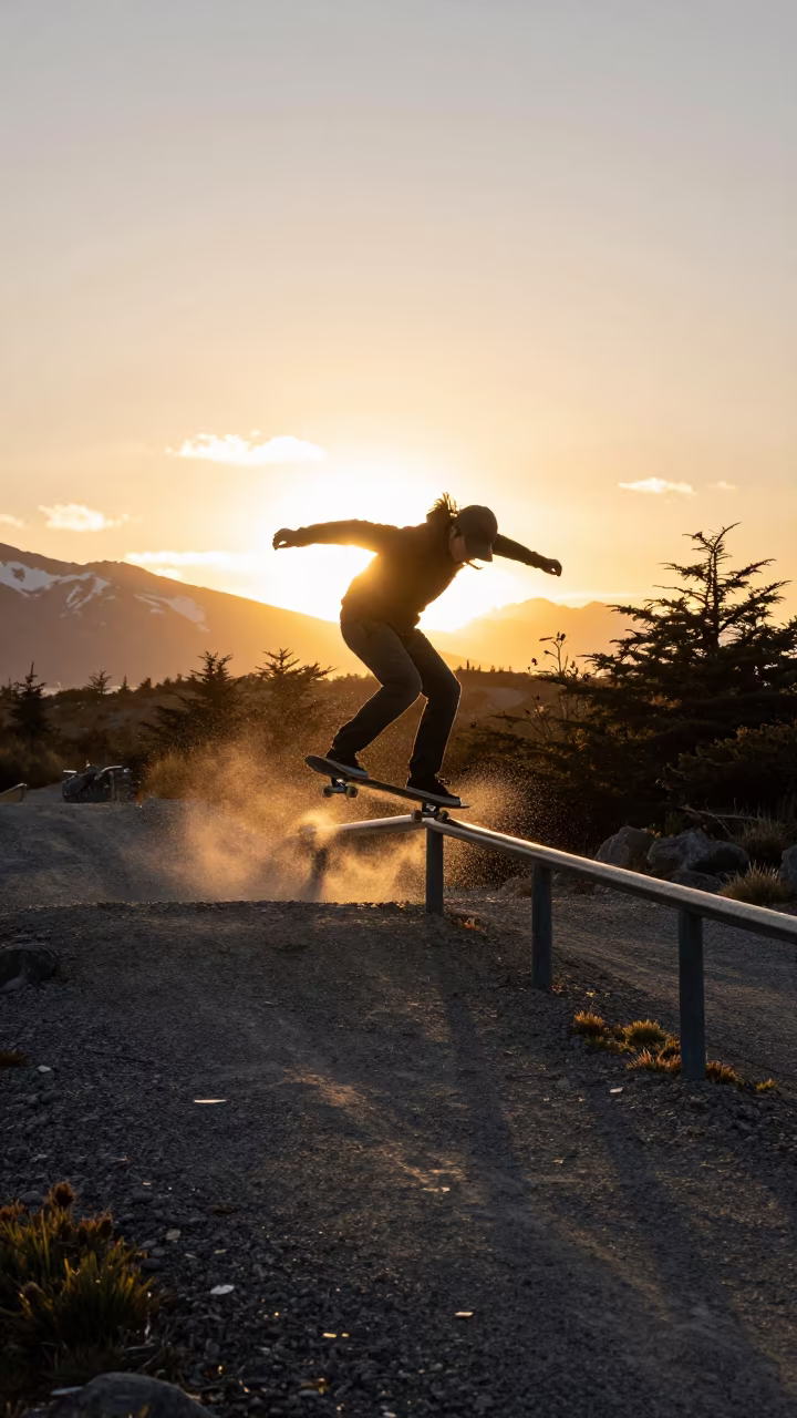 Skateboarder Grinds Rail Sunset Mountain Path in on a mountain path near Ushuaia