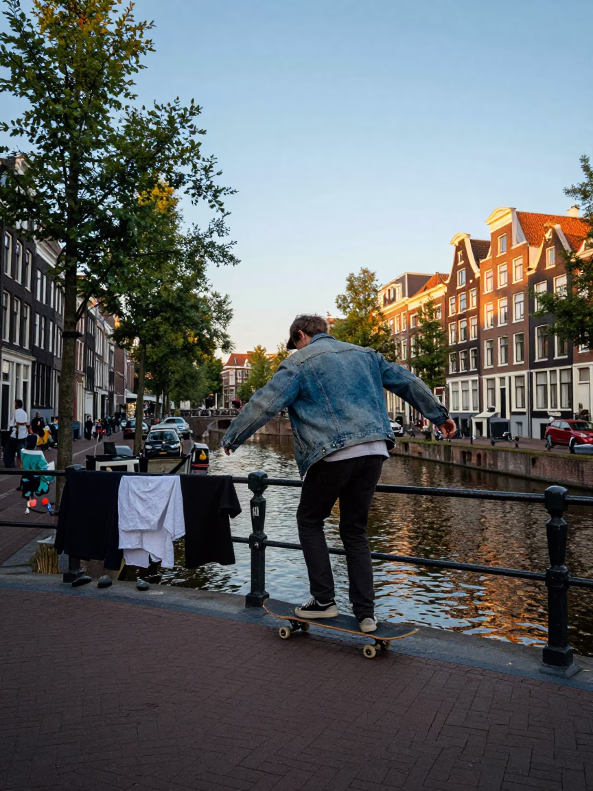 Skateboarder in Amsterdam at Evening Light in in Amsterdam, Netherlands