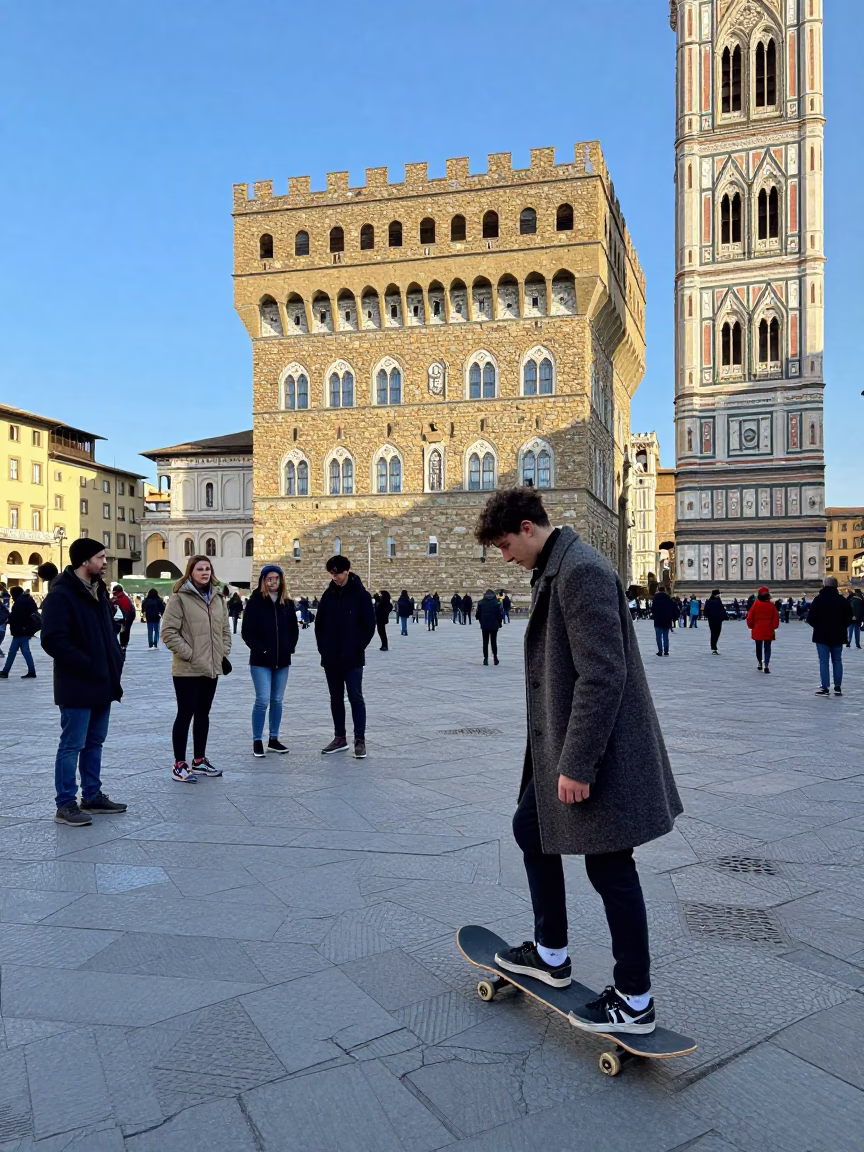 Skateboarder in Florence at Noon Light in in Florence, Italy