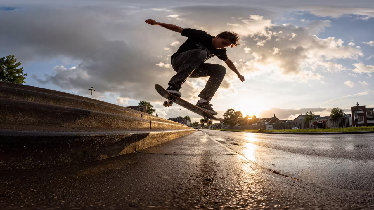 Skateboarder Kickflip Over Staircase Gap Sunset in at a roadside stop near Groningen