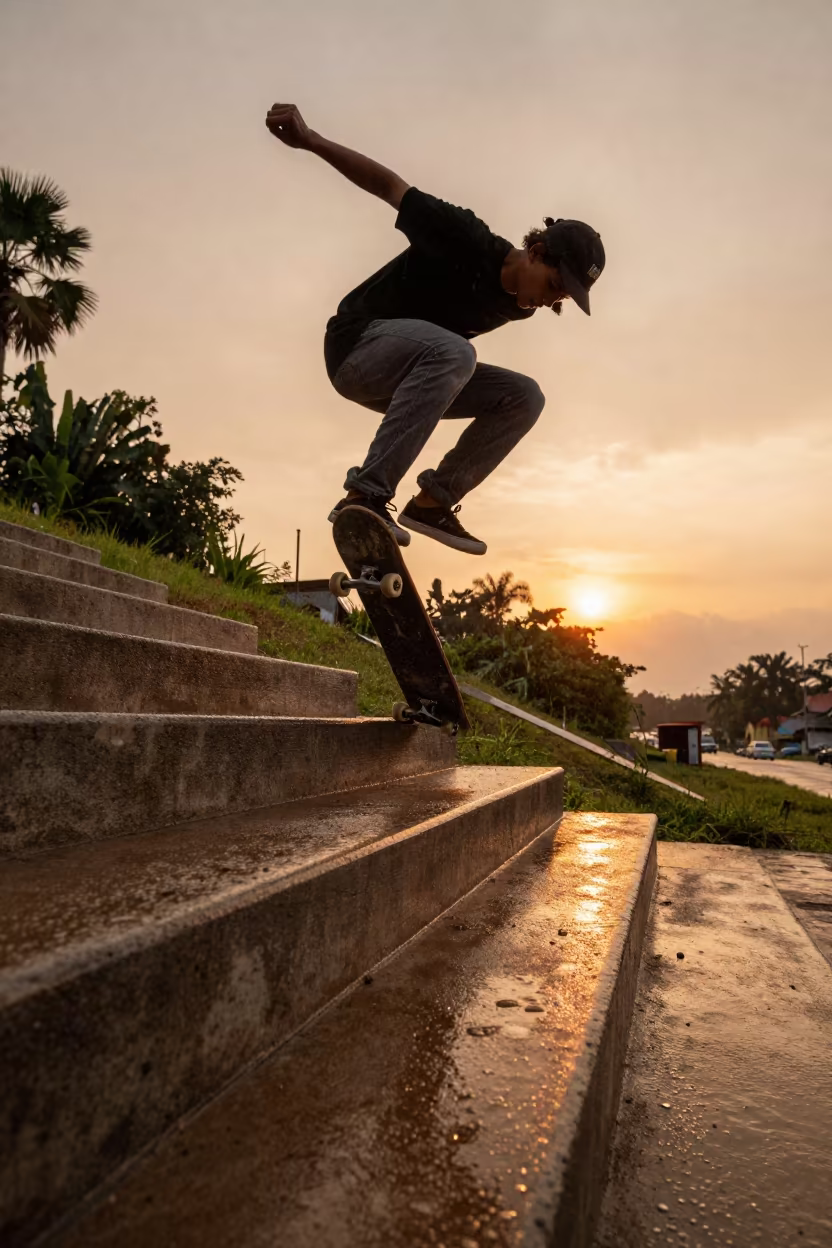 Skateboarder Kickflips Staircase Gap at Sunset in on a hillside near Vientiane