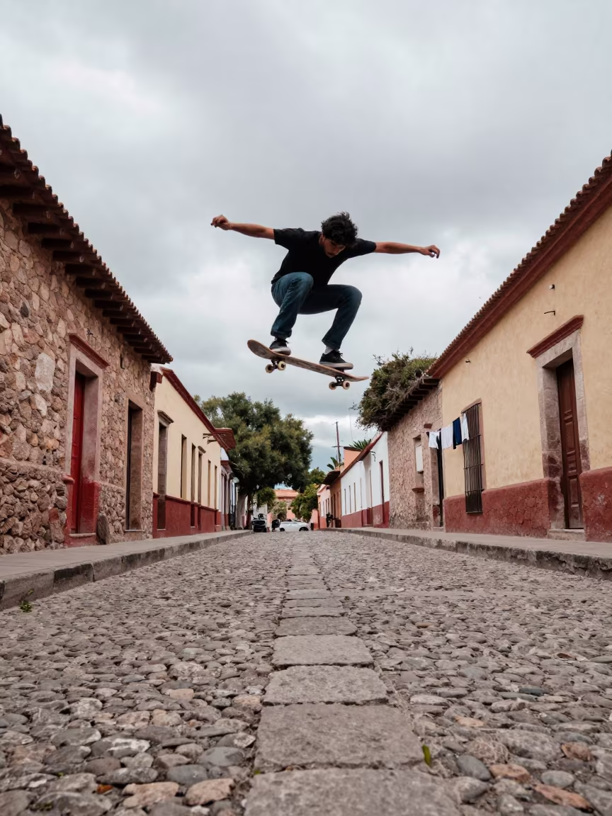 Skateboarder Mid-Action Village Lane Morelia in in a village lane near Morelia