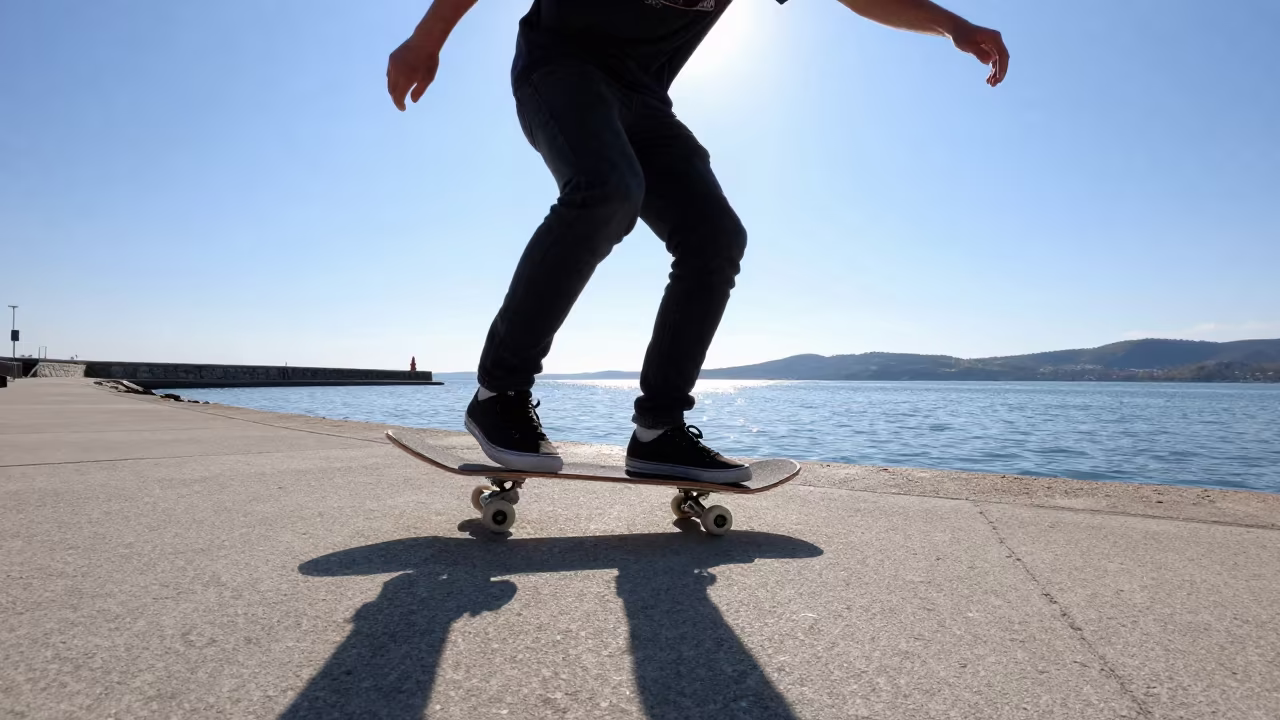 Skateboarder Mid-Trick Harbor Quay Noon Light in at a harbor quay near Islamabad