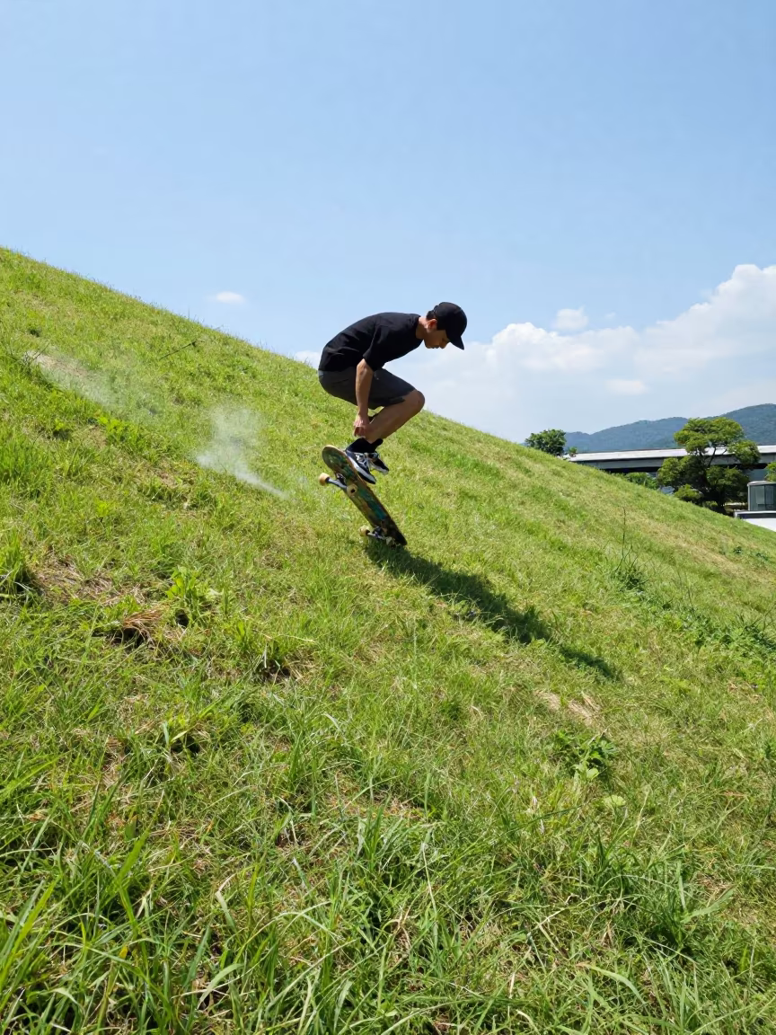 Skateboarder Mid-Trick on Kyoto Hillside Noon in on a hillside near Kyoto