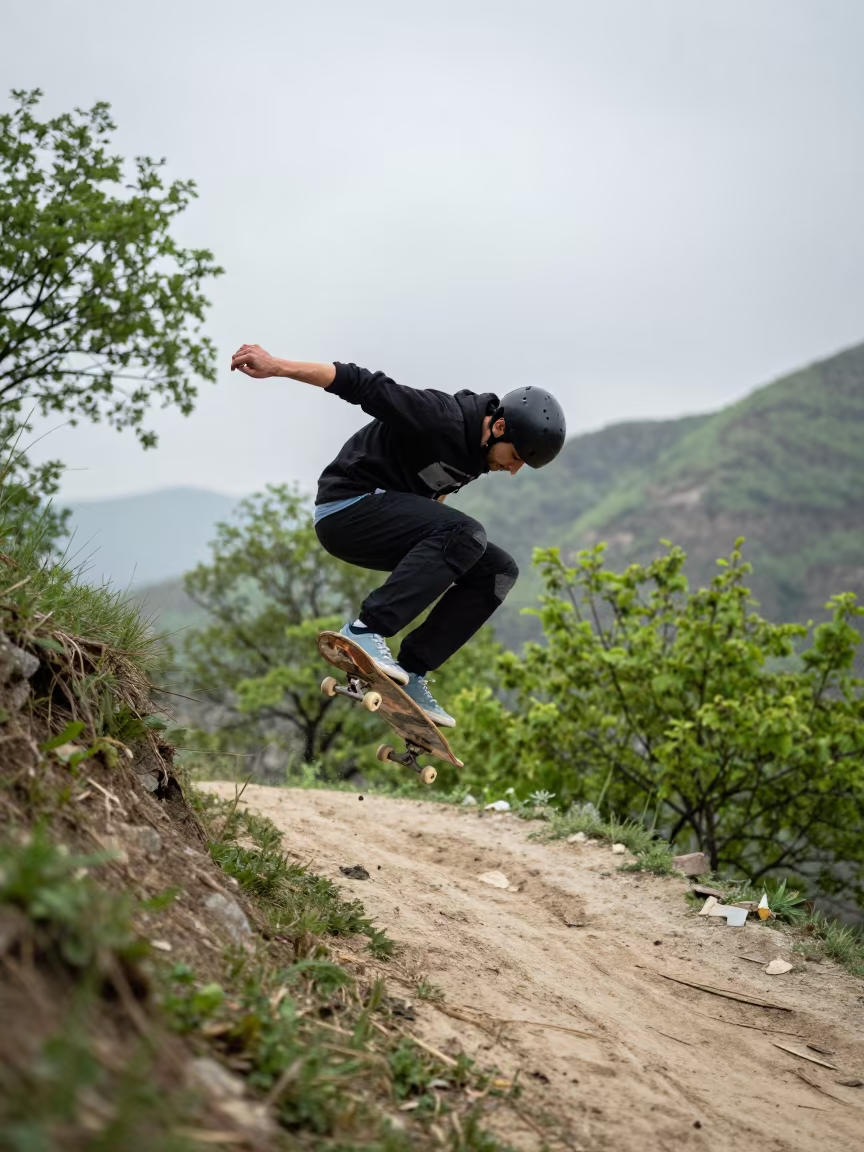 Skateboarder Mid Trick Mountain Path Jammu Late Spring in on a mountain path near Jammu