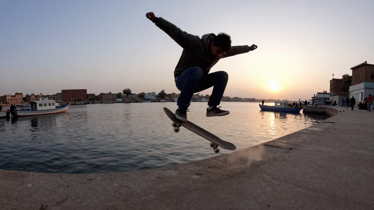 Skateboarder Mid-Trick at Multan Harbor Twilight in at a harbor quay near Multan