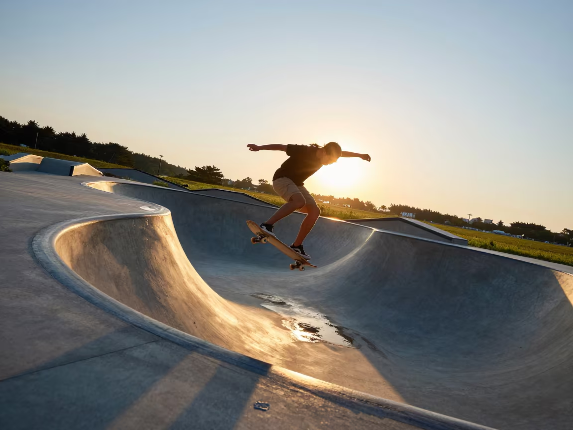 Skateboarder in Nampo-dong Bowl at Sunset in near open fields near Nampo-dong, Busan