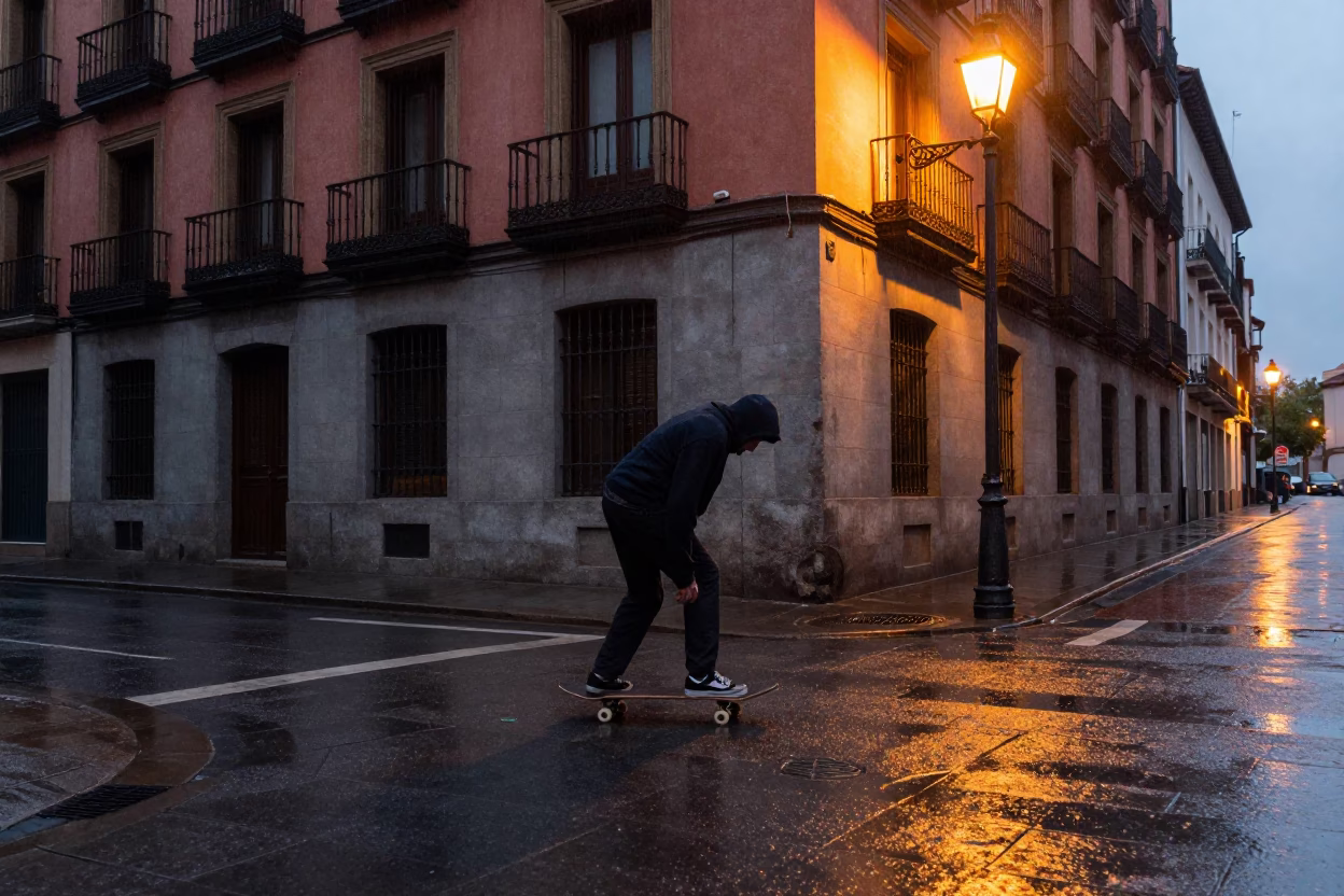 Skateboarder Pausing in Madrid in in Madrid, Spain